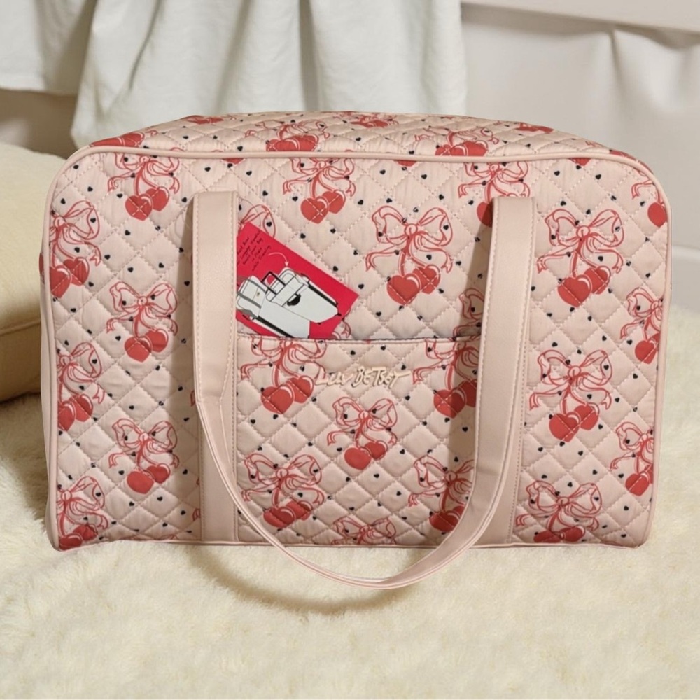 Betsy Johnson Quilted Pink Cherry Bow Weekender - Picture 1 of 9